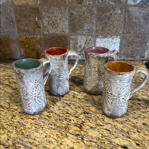 Handcrafted Signed Gray Multicolored Ceramic Pottery Mugs Set of Four
